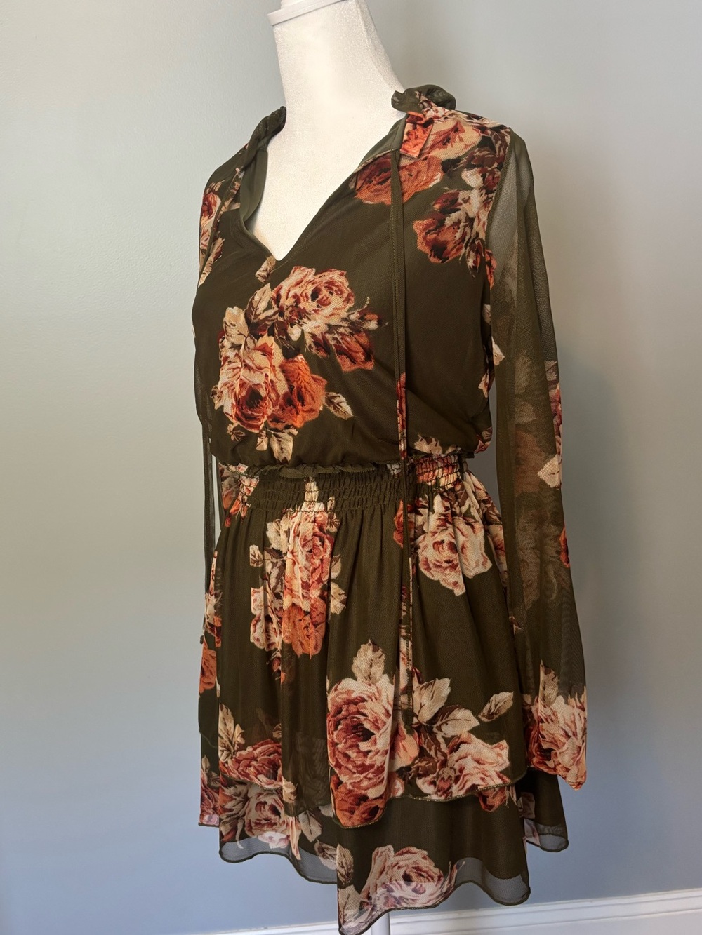 Olive Floral Long-Sleeve Smocked-Waist Dress